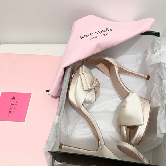 Kate Spade Bridal Bow Ivory Satin Platform Sandal Stiletto Heel Evening Pumps - Picture 4 of 10